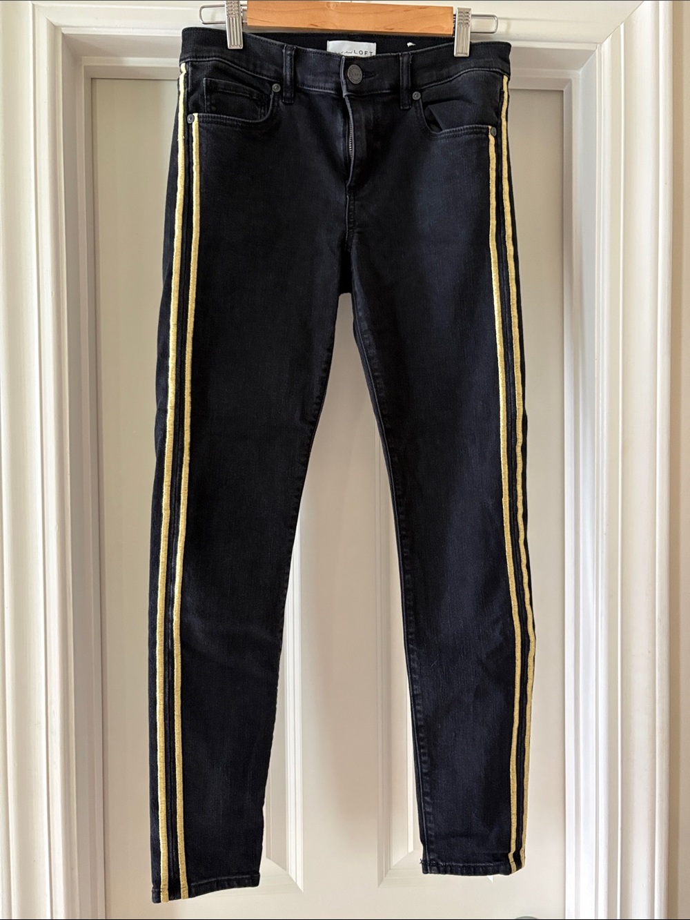 LOFT Black Skinny Jeans with Gold Side Stripes